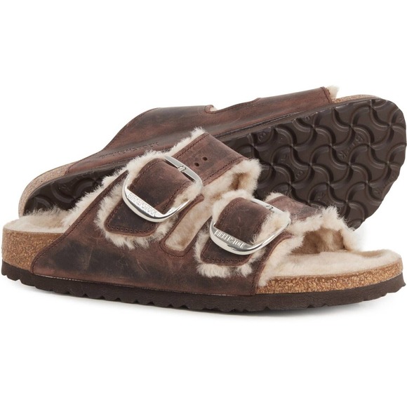 Birkenstock Arizona Big Buckle Shearling Oiled Leather Brown Sandals US5 EU36 - Picture 1 of 5